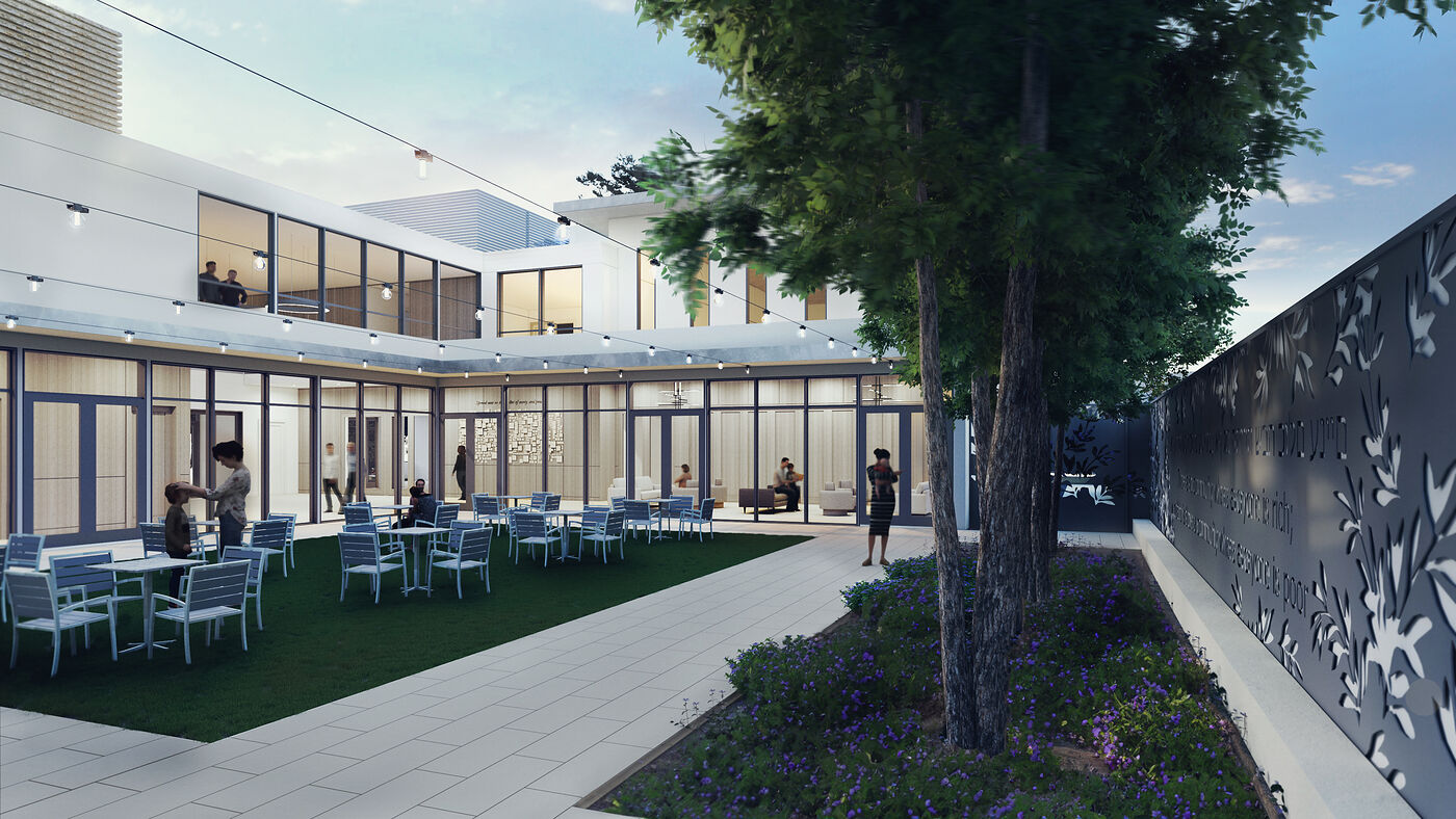 Rendering of the courtyard with café tables