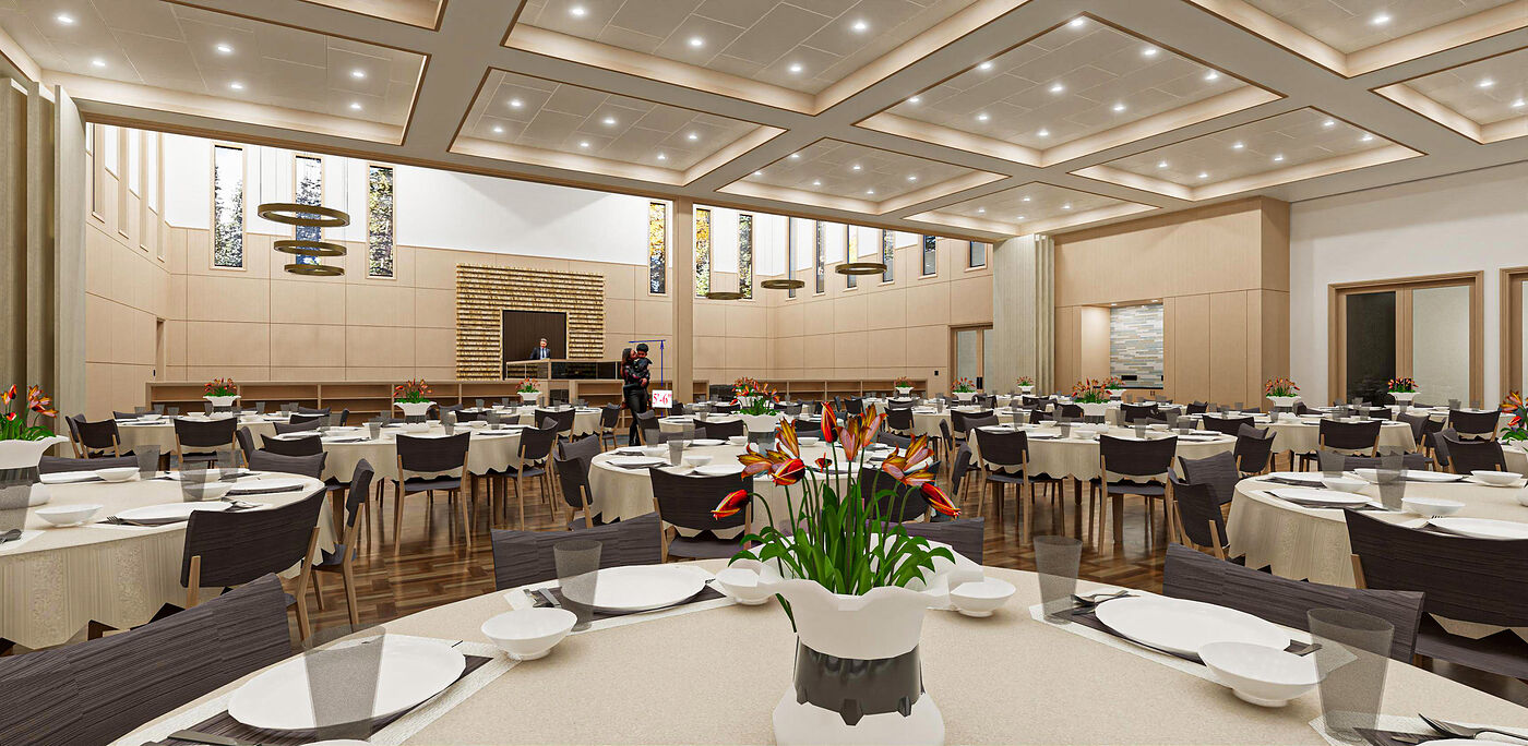 Rendering of the social hall set for a dinner