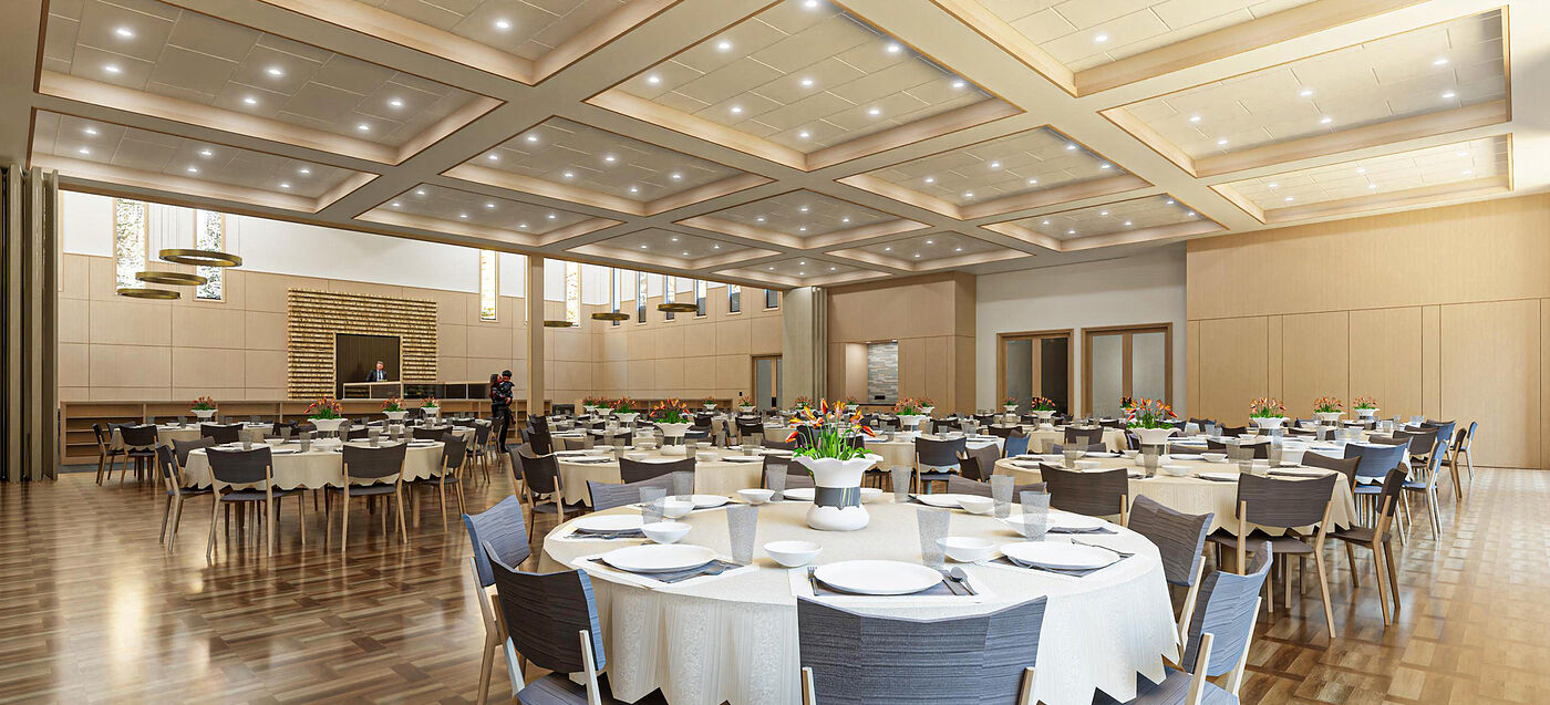 Rendering of the full social hall with round tables