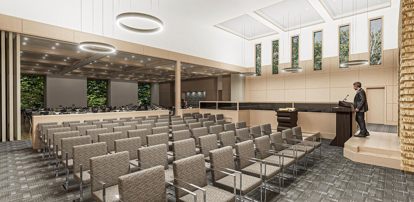 Rendering of the sanctuary set with rows of chairs for a lecture